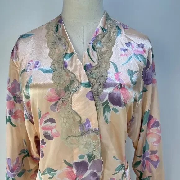 Victoria's Secret Long Printed Floral Pastel Pink Robe Vintage Gold Label